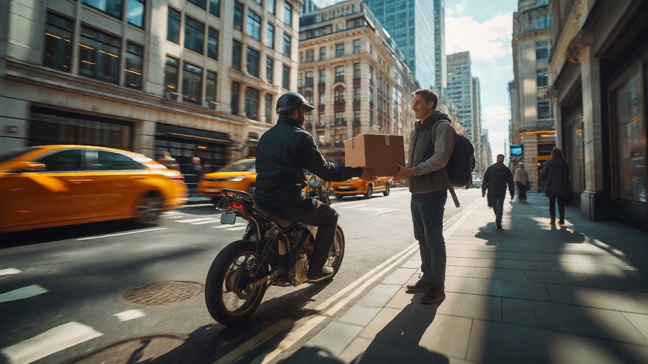 Delivery driver handing a package to a customer on a busy city sidewalk.
