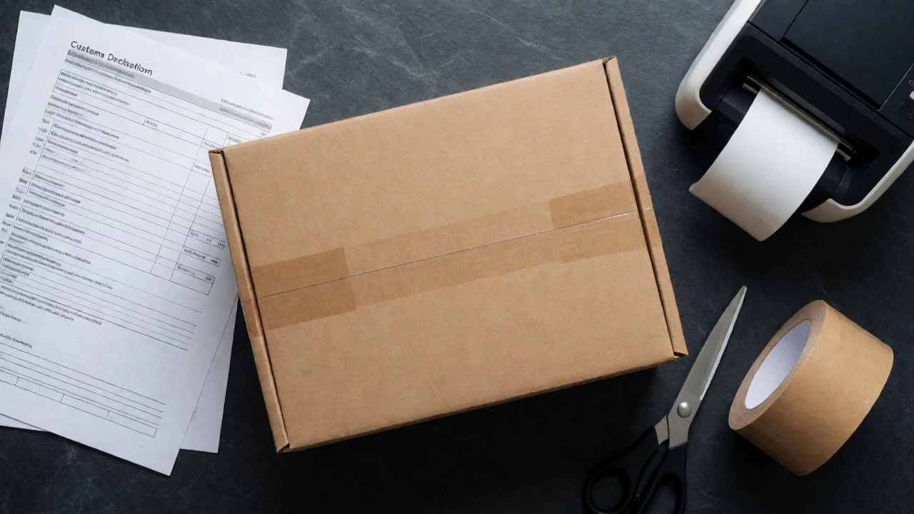 Flat lay of a taped parcel with shipping supplies
