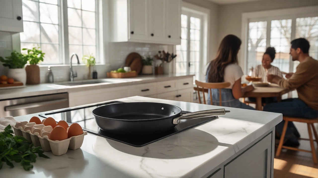 HexClad pan on a sunny kitchen counter next to eggs and fresh herbs