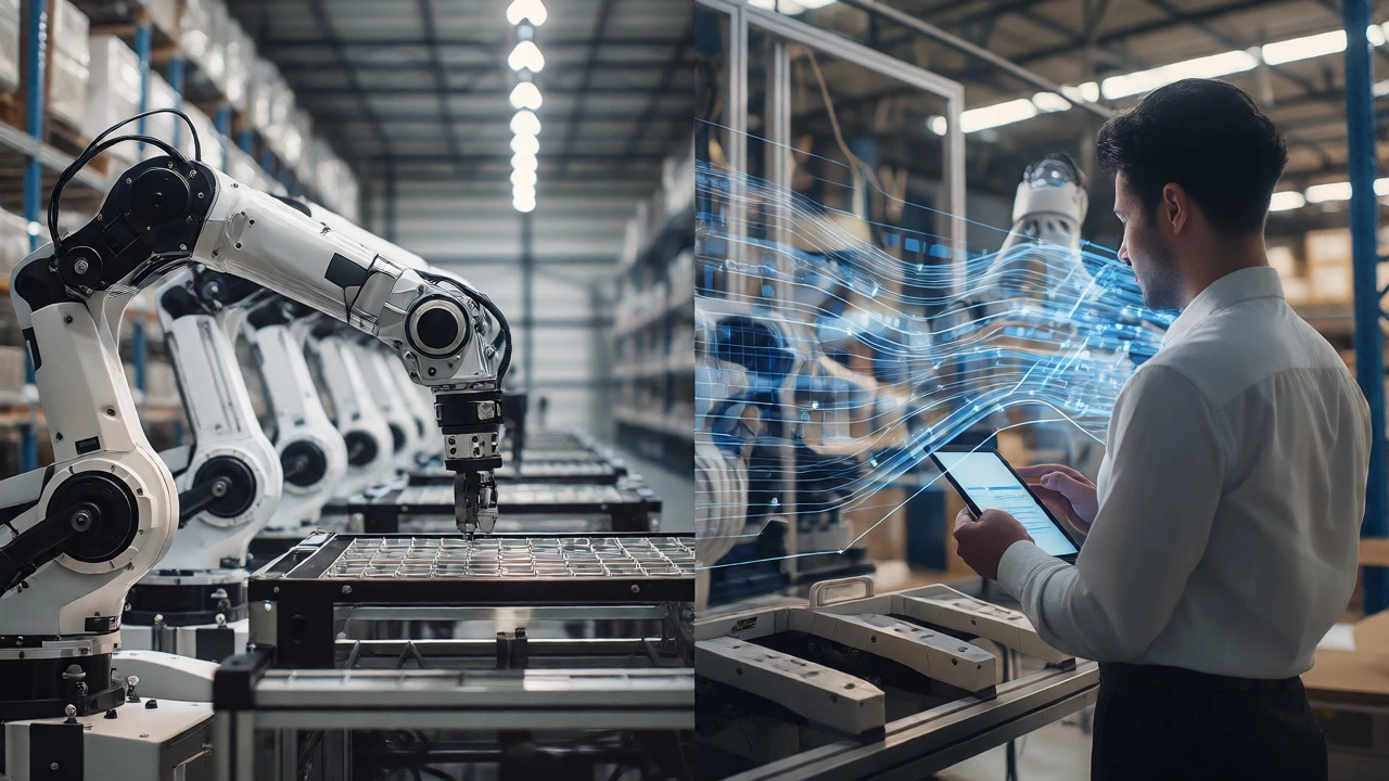 Human analyst working alongside robotic arms in a futuristic automated distribution center.