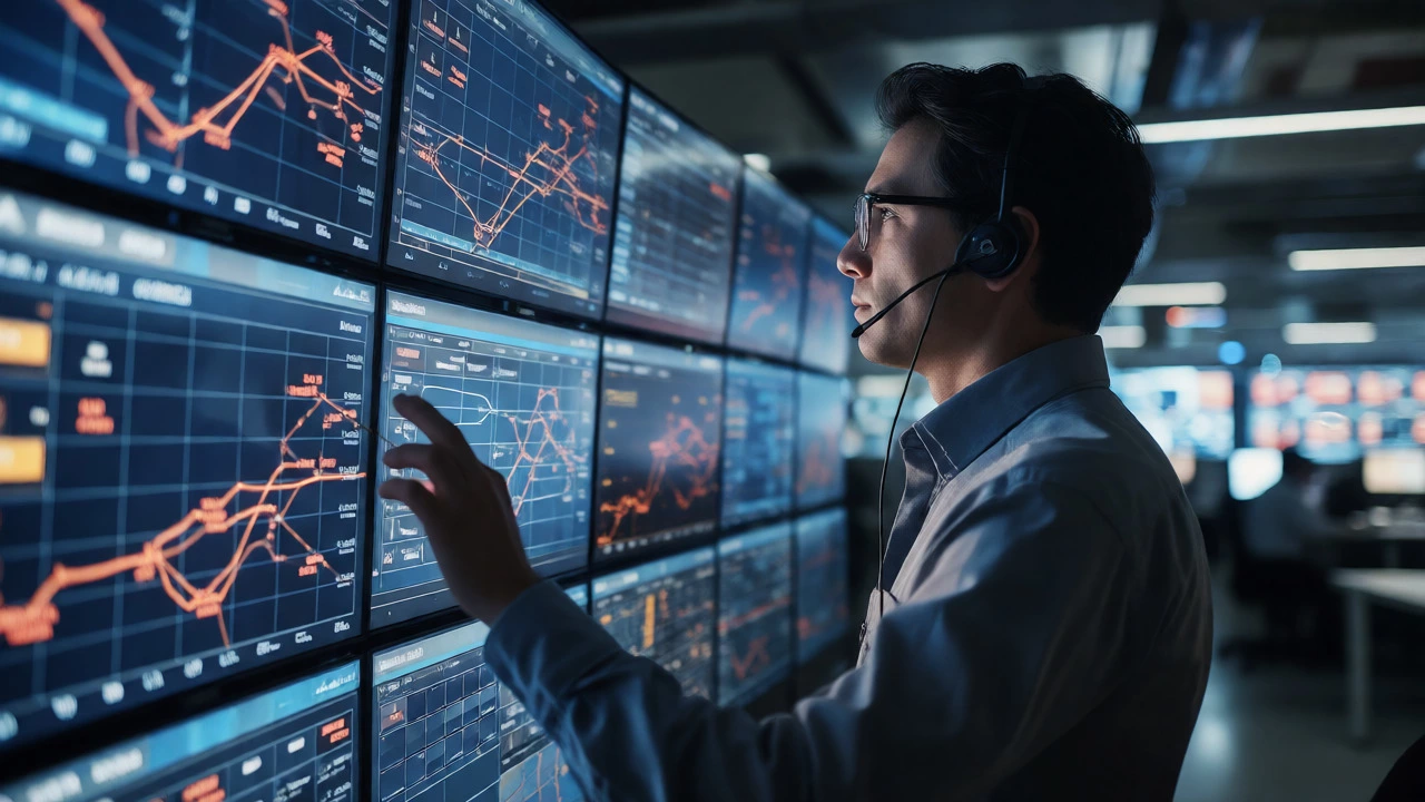 Logistics professional managing real-time shipping data on large screens in a control center.