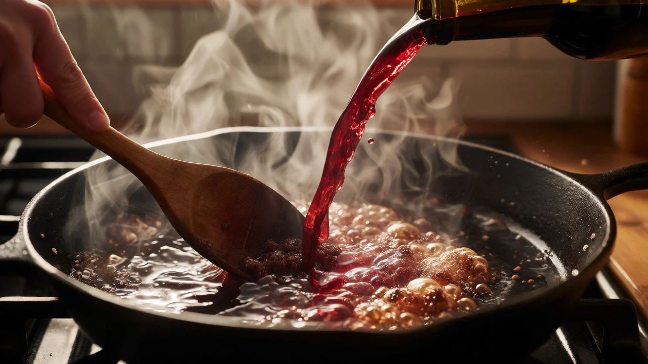 Pouring red wine into a hot pan to deglaze and lift browned bits