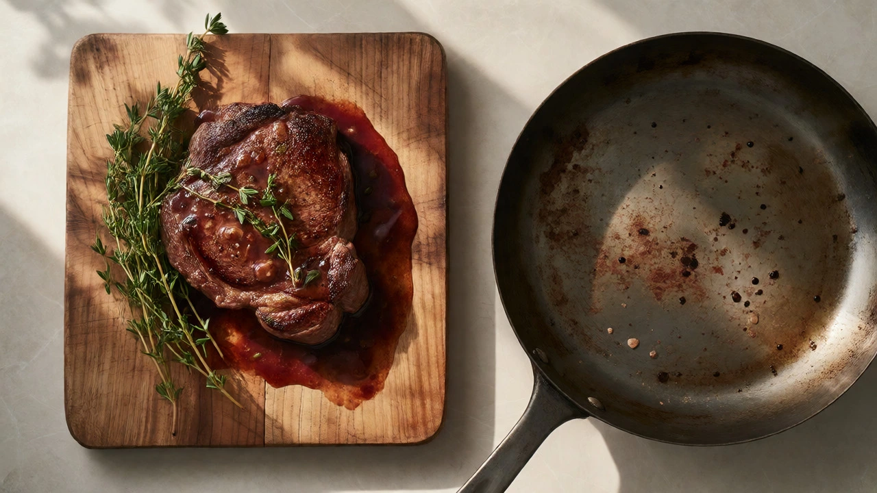 Seared steak with glossy reduction sauce next to a used cooking pan