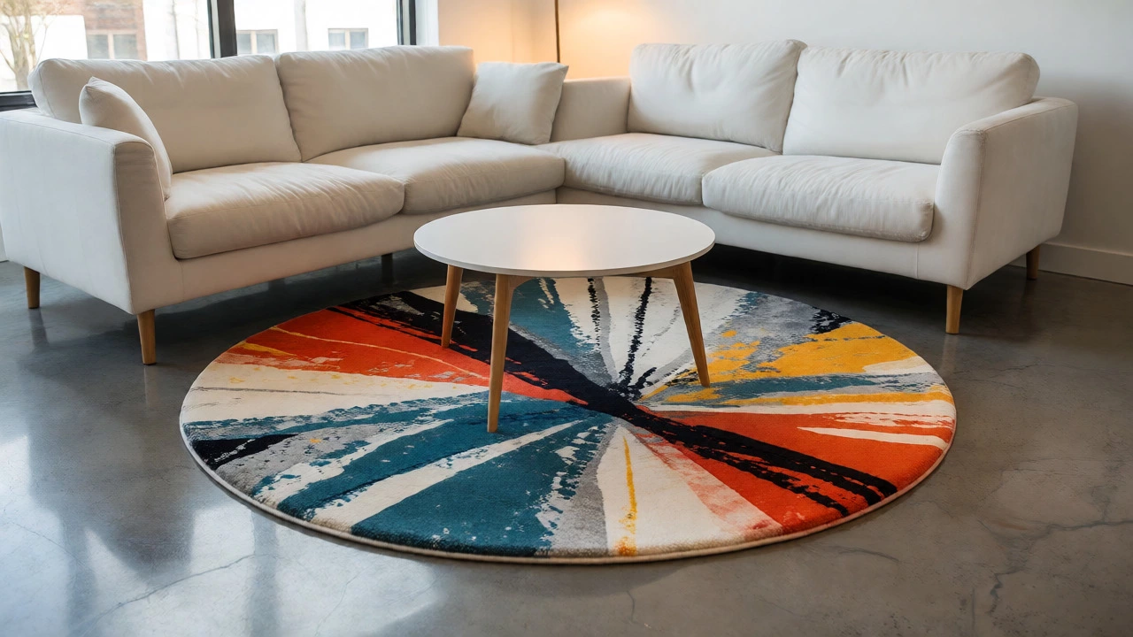 Small circular rug under a coffee table with sofa legs placed on the bare floor.