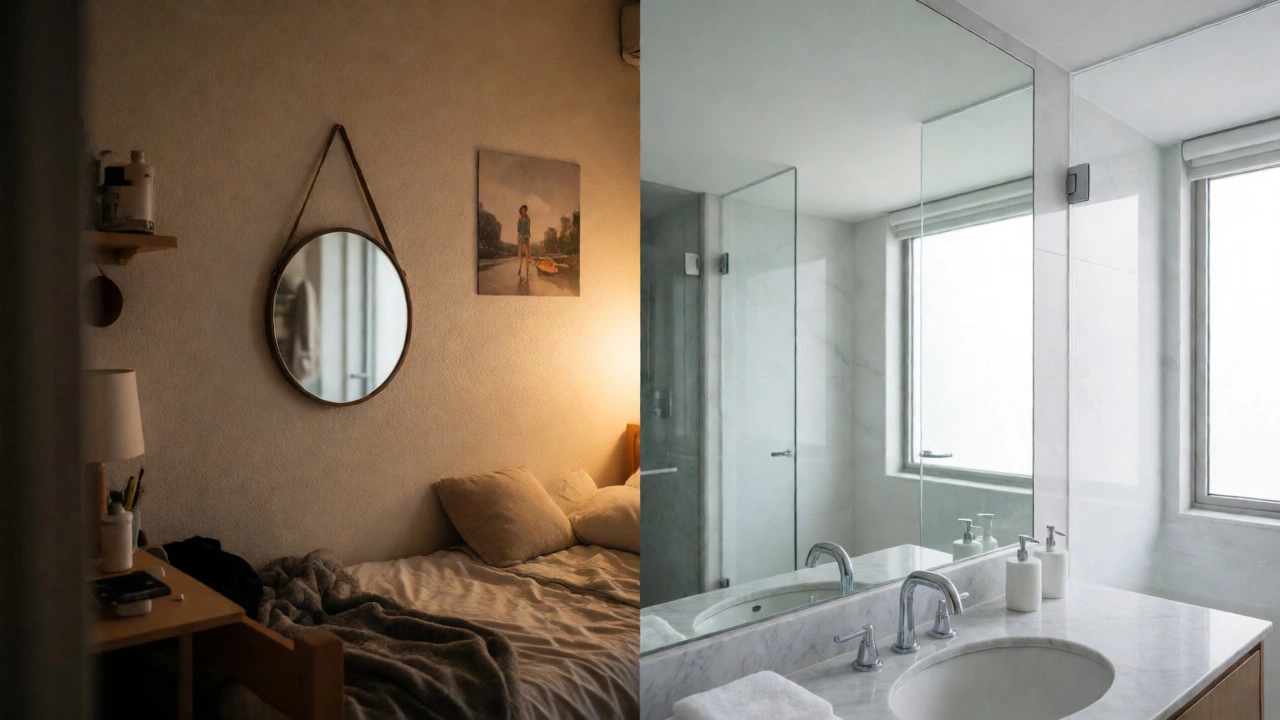 Split view comparing a casual budget mirror in a bedroom and a luxury mirror in a bathroom