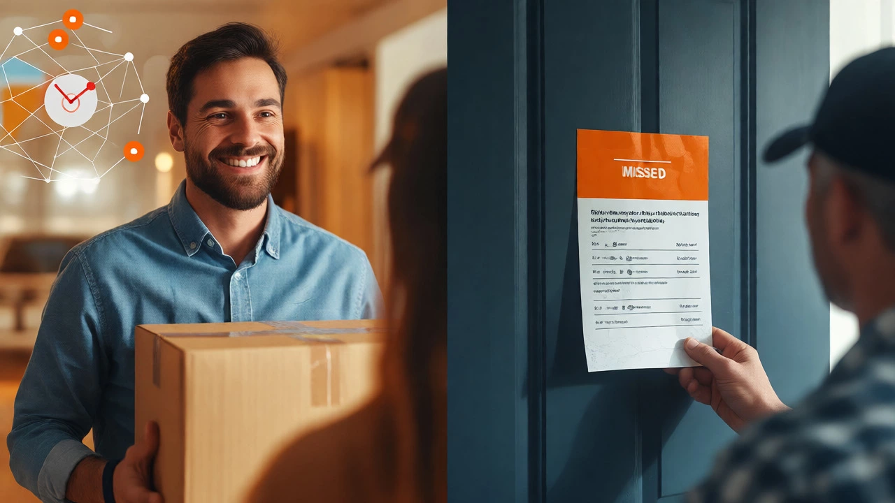 Split view of happy customer receiving package versus frustrated one missing it