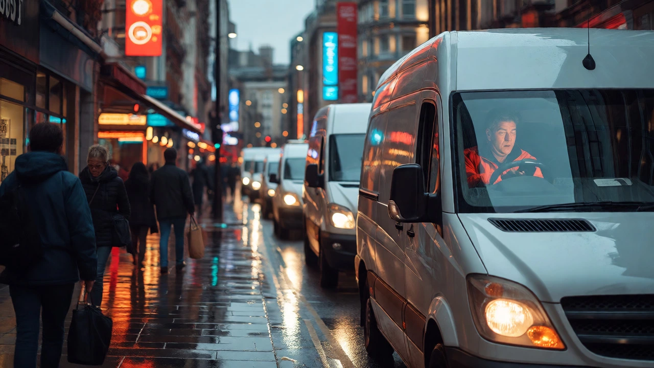 Stressed delivery driver stuck in rainy urban traffic checking a device