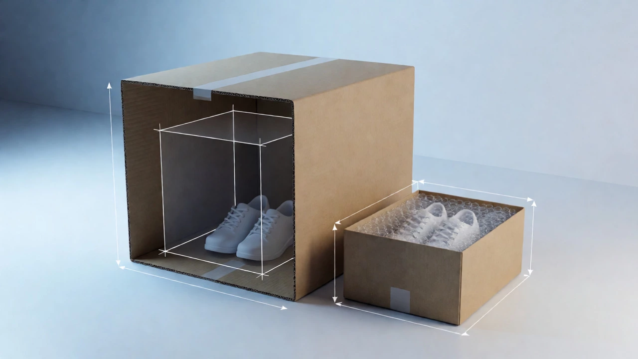Visual comparison of bulky vs snug packaging for shipping