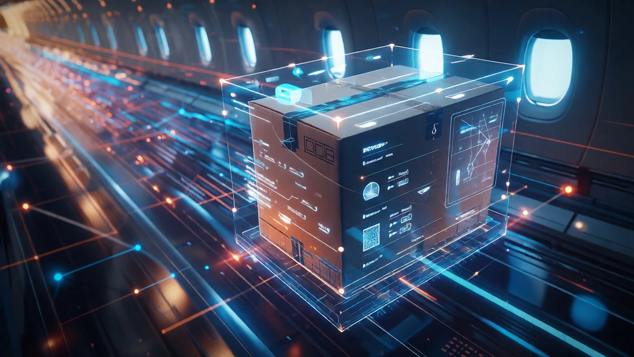 A courier package surrounded by digital tracking and sensor data overlays.