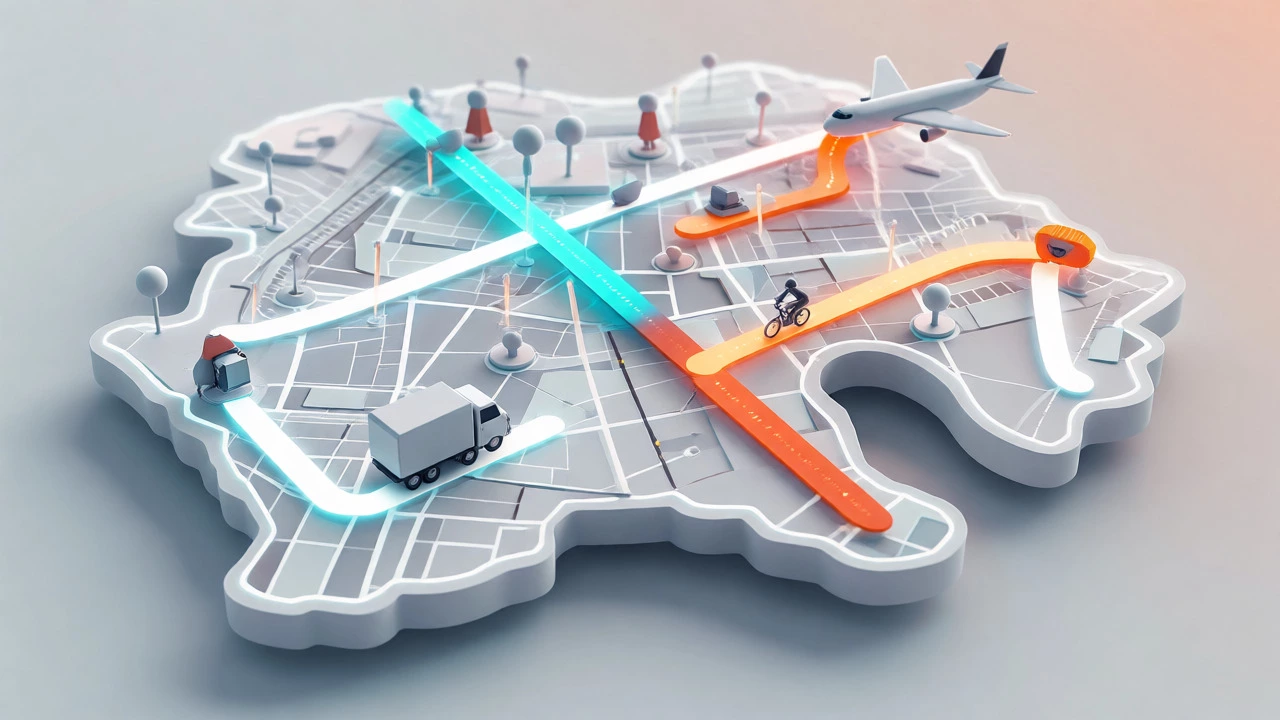 Abstract 3D visualization of logistics networks connecting various delivery points.
