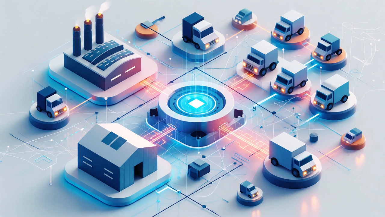 Abstract isometric view of digital freight brokerage connecting shippers and carriers
