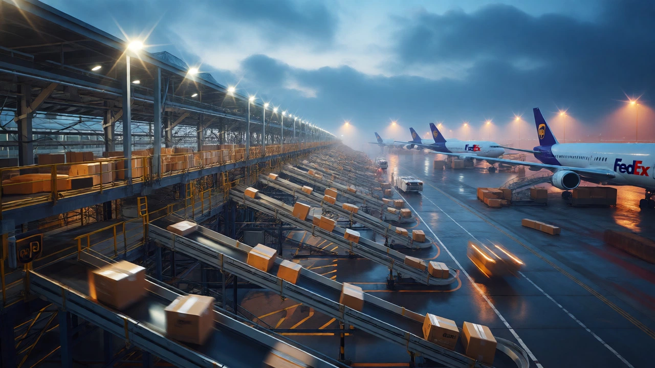 Busy logistics hub at dawn with planes loading and packages moving on conveyors.