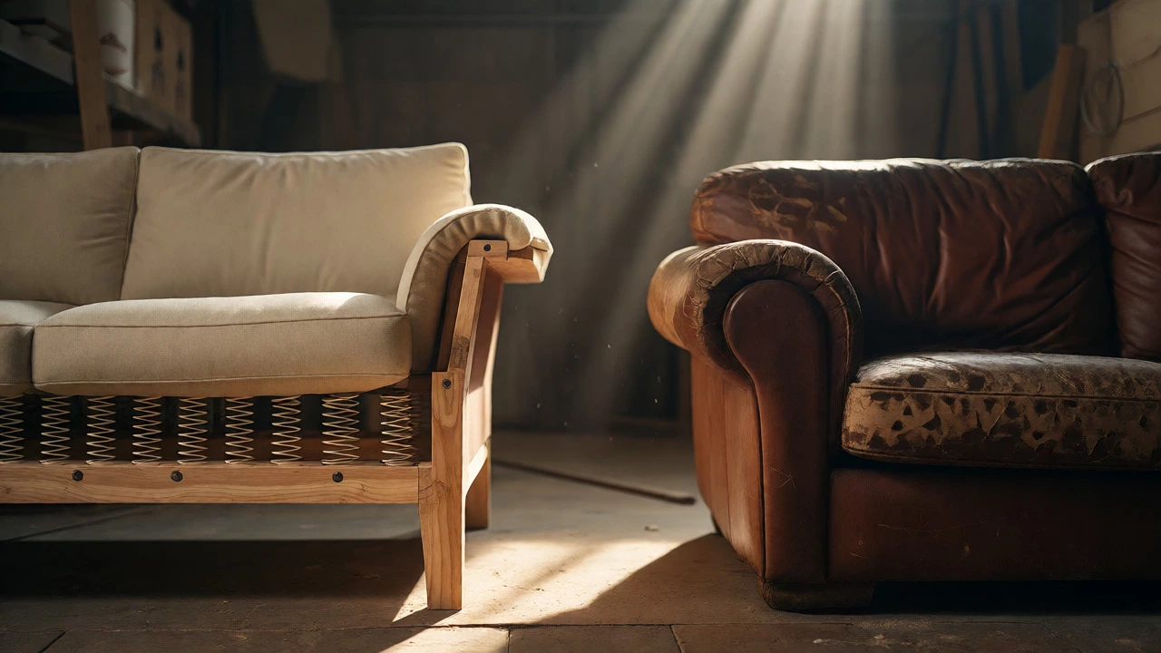 Comparison of a sturdy hardwood sofa frame against a cracked bonded leather couch.