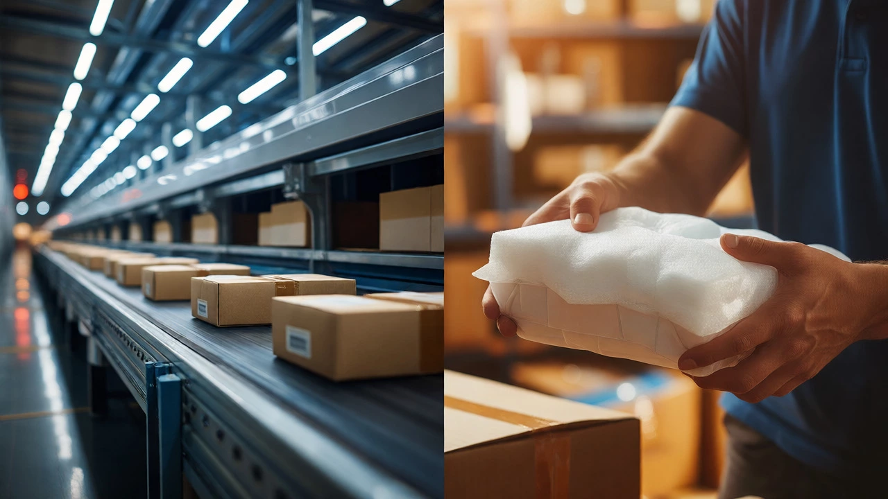 Comparison of automated postal sorting and careful courier handling.