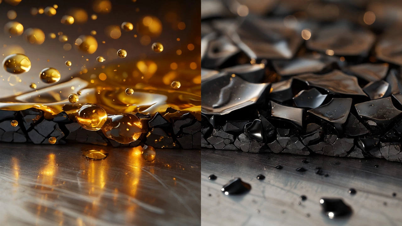 Conceptual art of oil turning into black resin on metal