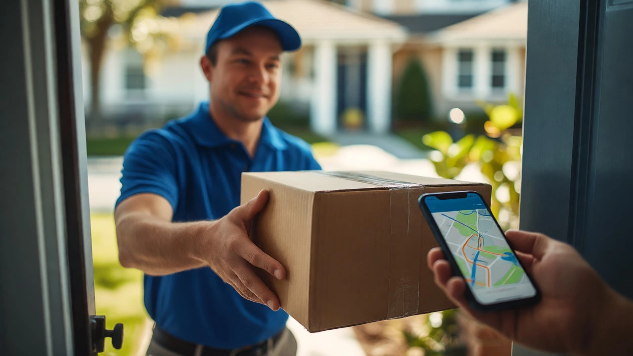 Delivery driver handing a package to a customer at a residential doorstep