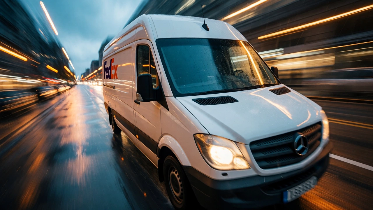 Delivery van driving on wet roads at dawn