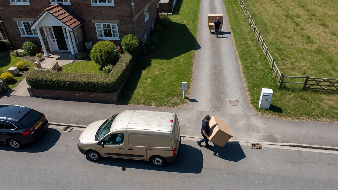 Drone view contrasting kerbside freight delivery with rural mailbox drops