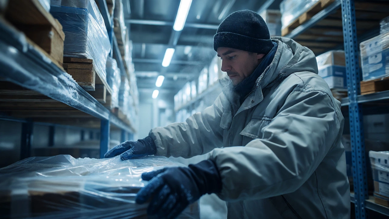 Employee in thermal gear working in a freezing, frost-covered cold storage warehouse.