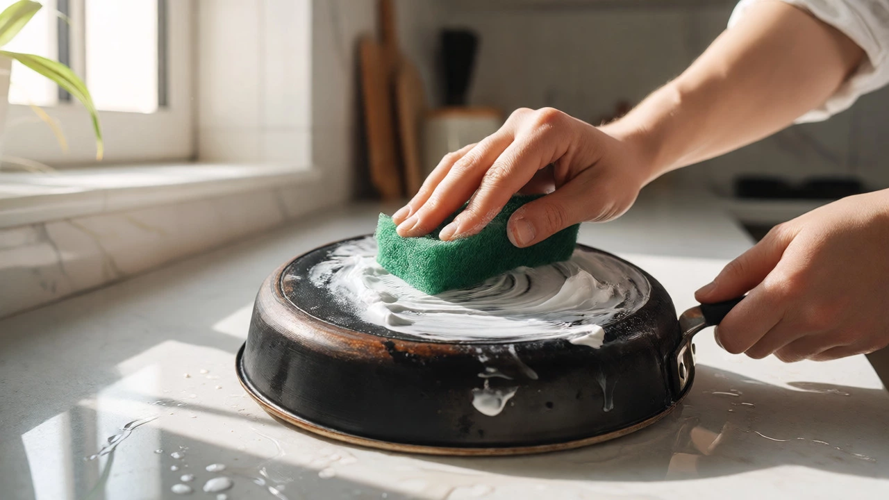 Hands applying baking soda paste to clean a dirty pan