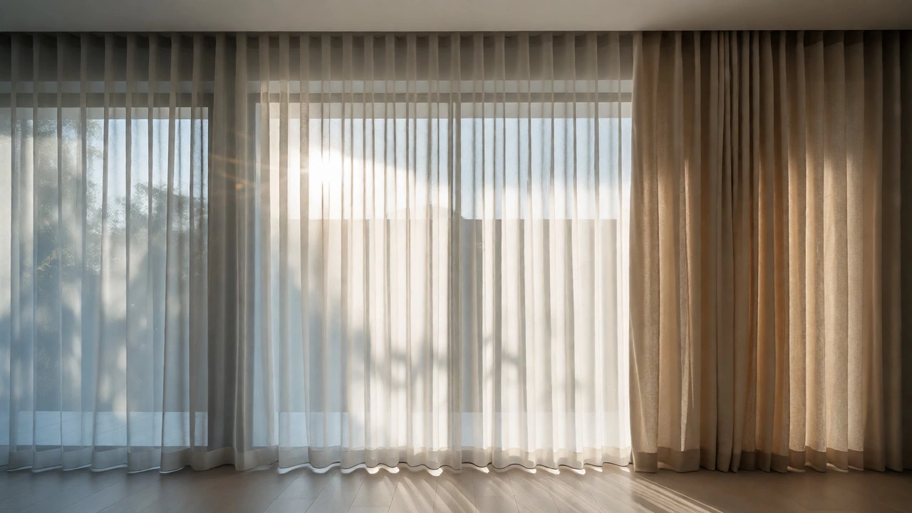 Layered sheer and heavy drapes controlling light in a bright living room