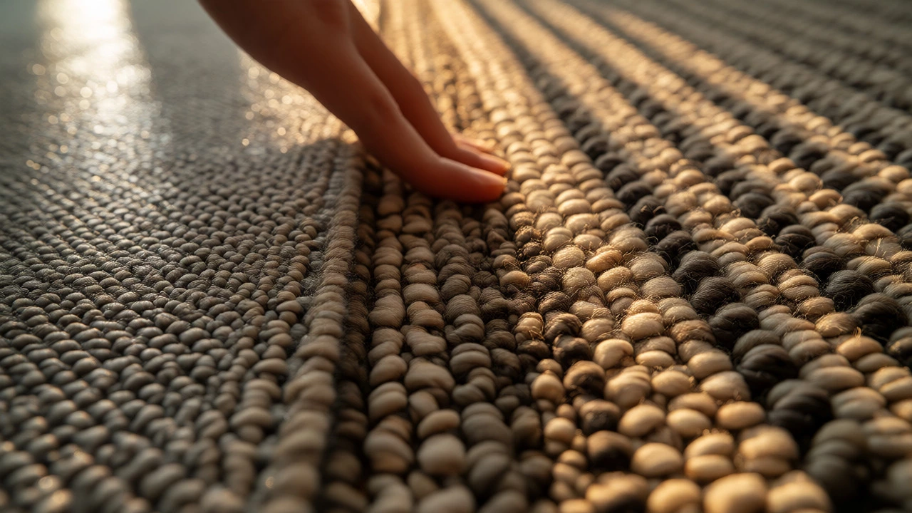 Macro comparison of flat grey carpet versus textured greige fibers