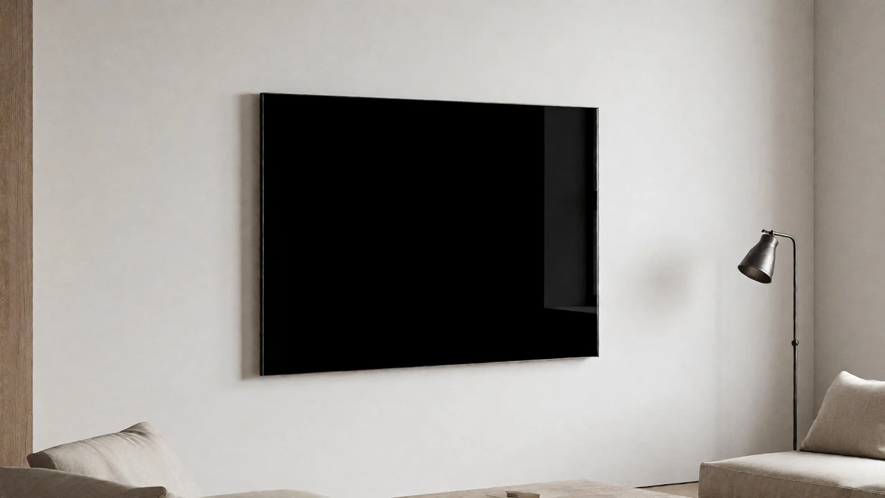 Minimalist living room featuring a frameless black mirror on a white wall.