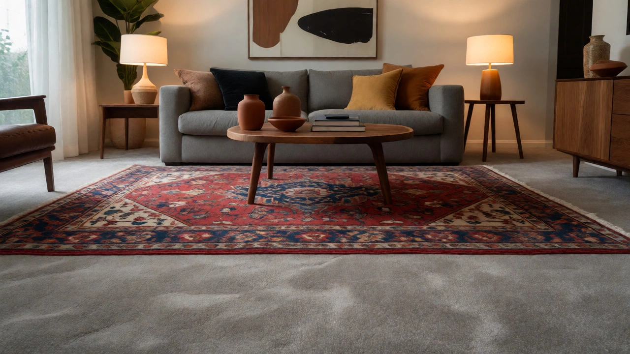 Modern living room with grey carpet layered with Persian rug and walnut furniture