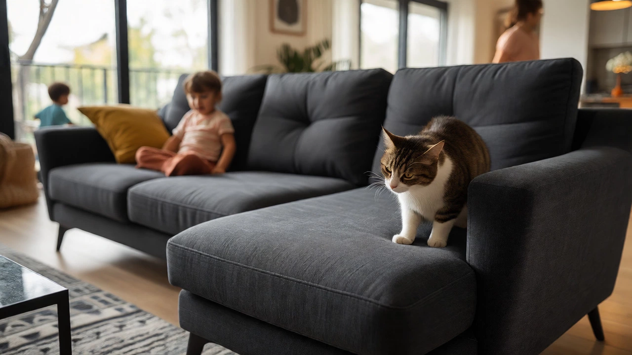 Modern performance fabric sofa in a family home with a child and cat using it.