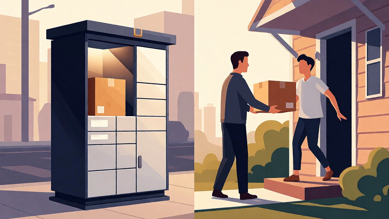Split scene showing secure package lockers versus direct handover delivery