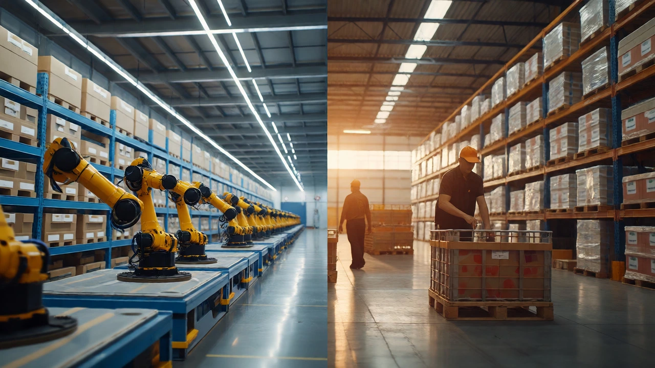 Split view comparing fast-paced tech warehouses with traditional stable logistics hubs.
