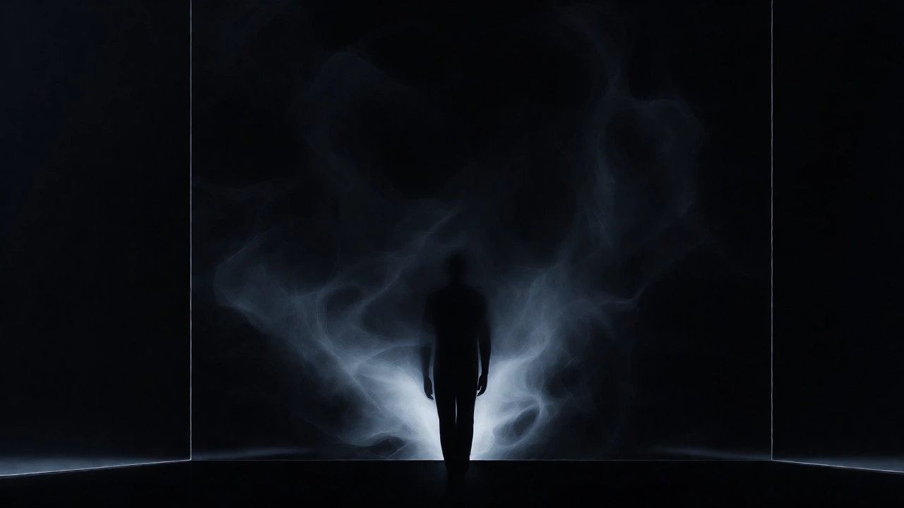 Surreal depiction of a figure merging into the dark void of a large black mirror.